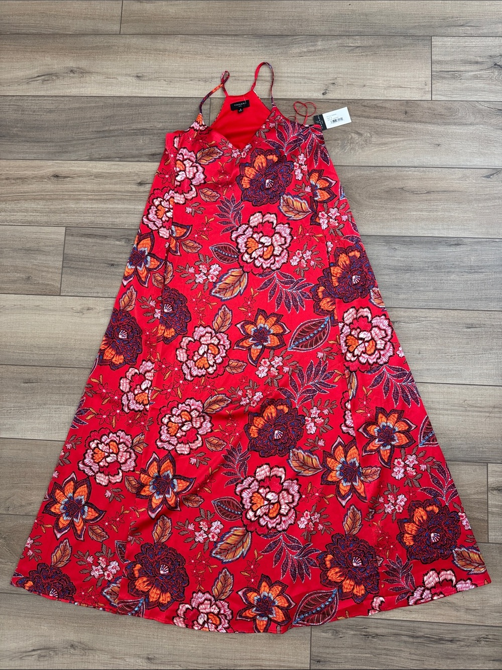 NWT! Tahari Red Floral Spaghetti-Strap Satin Midi Sundress Size S